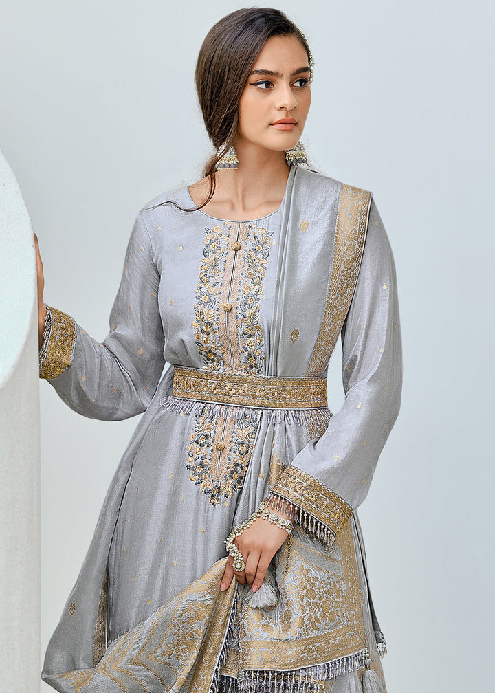 Dolphin Grey Designer Embroidered Viscose Woven Salwar Suit By Qivii