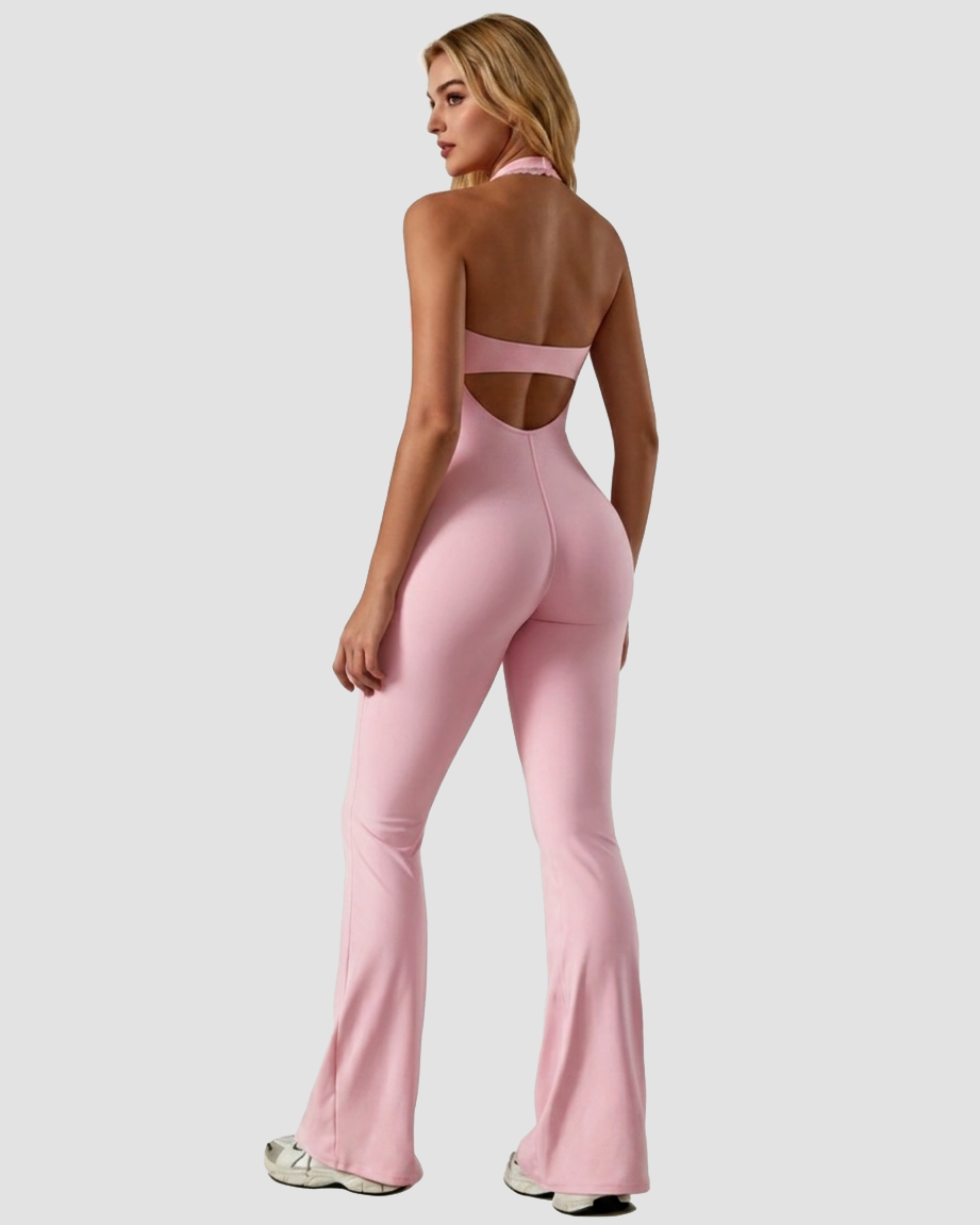 V-neck Lace-trimmed Halter Neck Yoga Sports Fitted Jumpsuit  - By Qivii