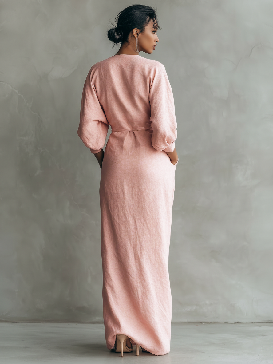 Women's Pink Minimalist V-neck Linen Blend Maxi Dress MDA1655L0Y