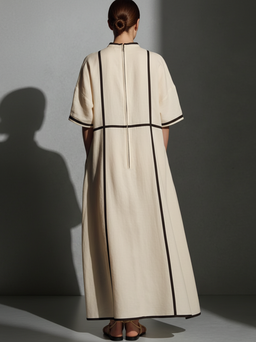 Women's Modern Linen Blend Beige Stand-Collar Half-Sleeve Contrast-Line Pocketed Maxi Dress MDA2924L4AU