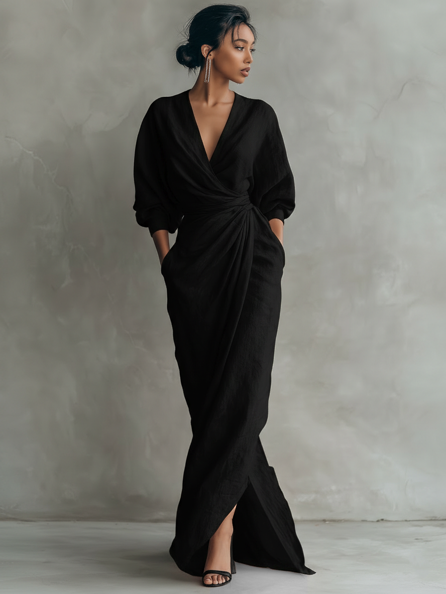 Women's Pink Minimalist V-neck Linen Blend Maxi Dress MDA1655L0Y