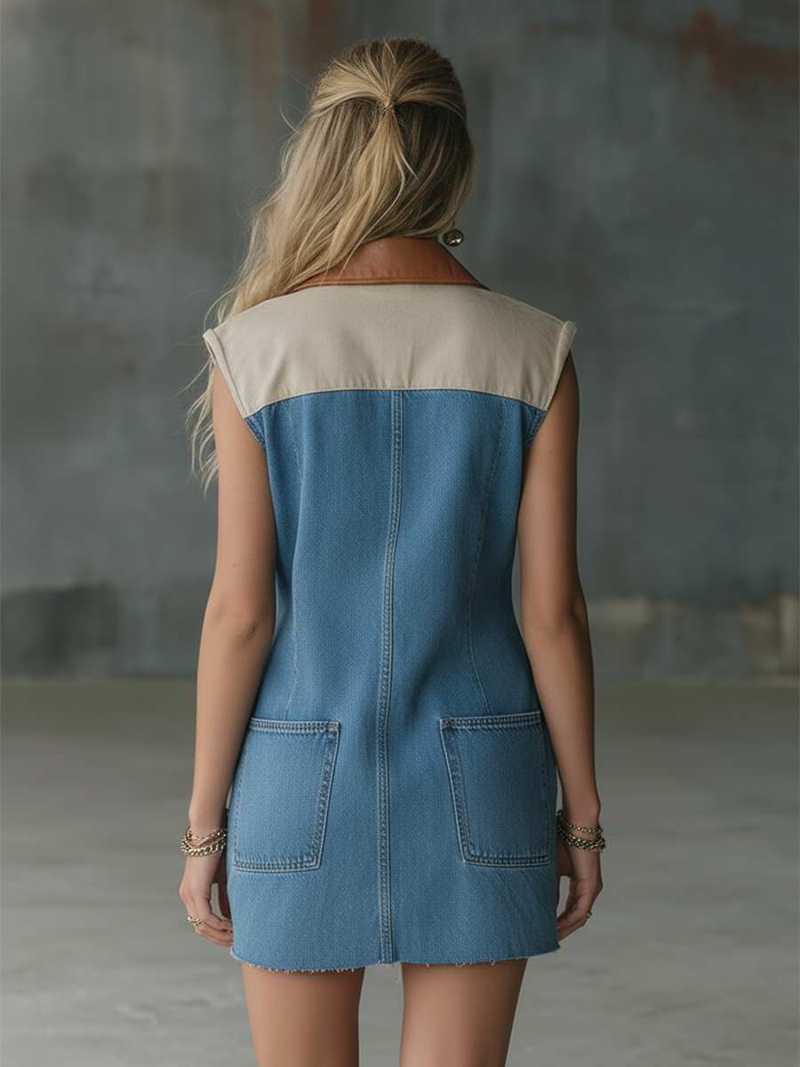 Casual-chic Blue Denim And PU Collared Mini Dress