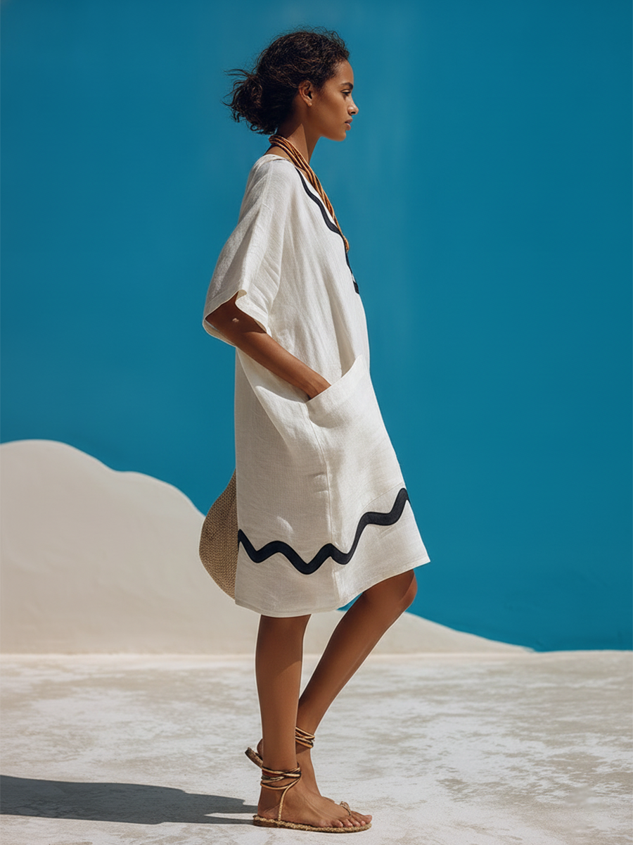 Vintage-style Elegant Scalloped-edge White Cotton-linen Short-sleeve Mini Dress