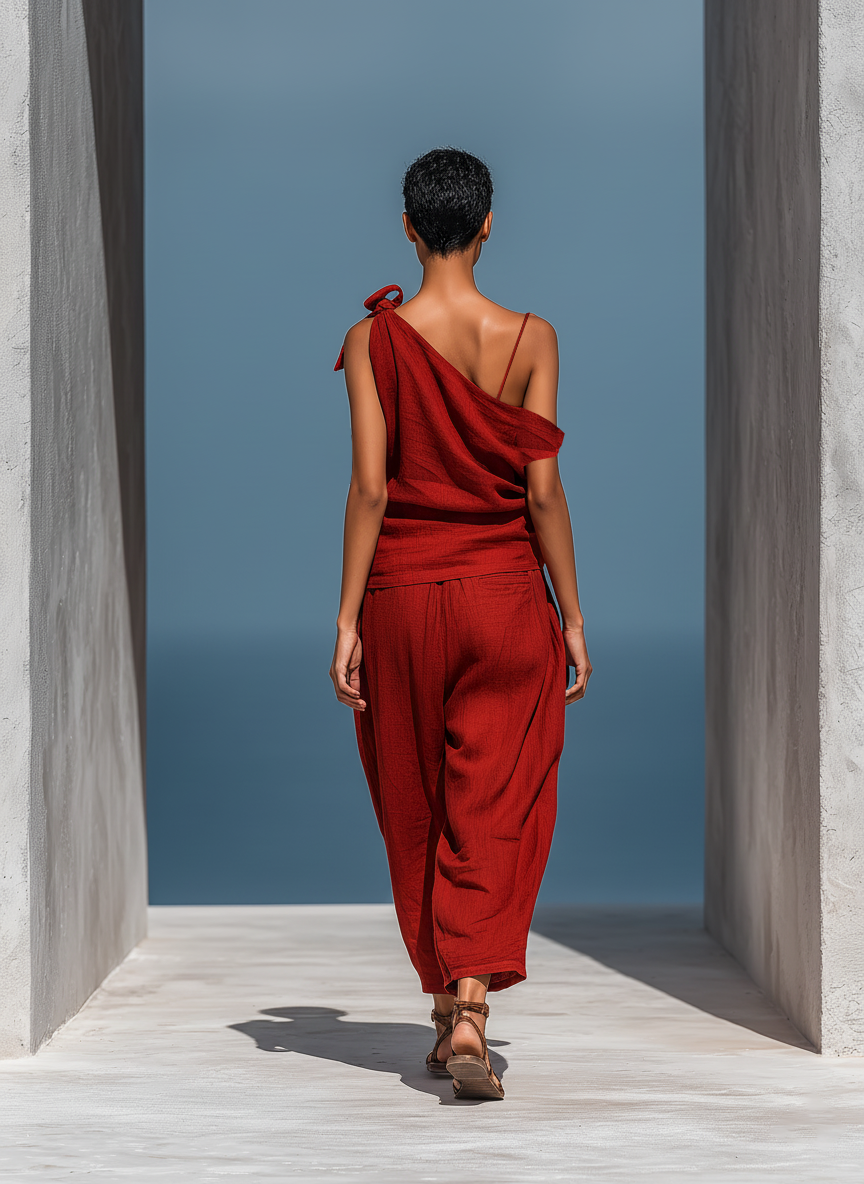 Women’s RedTwo-Piece Set: Asymmetrical One-Shoulder Top (Without Neck Scarf) & Wide-Leg Pants With Pockets MDZ2201D4T