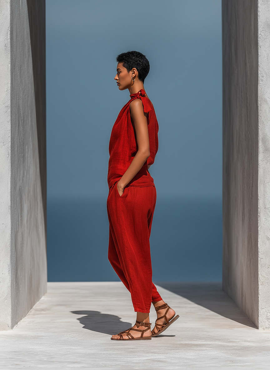 Women’s RedTwo-Piece Set: Asymmetrical One-Shoulder Top (Without Neck Scarf) & Wide-Leg Pants With Pockets MDZ2201D4T