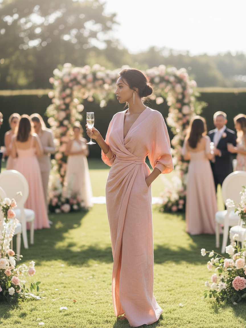 Women's Pink Minimalist V-neck Linen Blend Maxi Dress MDA1655L0Y