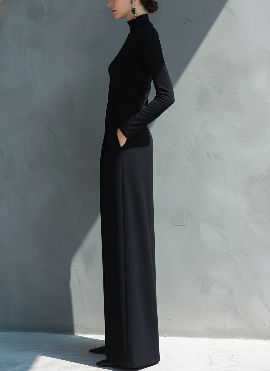 Women's Black Classic Knit Turtleneck Wide - Leg Jumpsuit MDA2133J5I