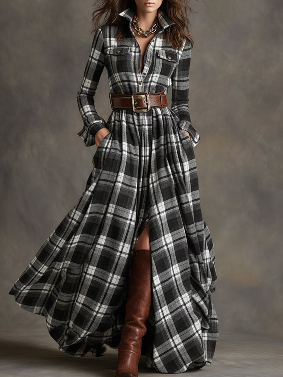 Scarlett | Plaid Maxi Shirt Dress Long Sleeve Belted Dress by Qivii