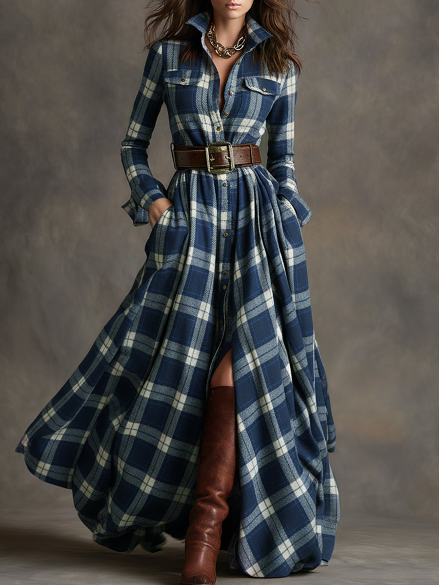 Scarlett | Plaid Maxi Shirt Dress Long Sleeve Belted Dress by Qivii