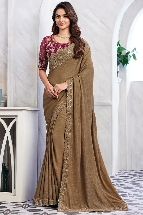 Golden Shimmer Silk Saree With Golden Brown Saree With Blouse