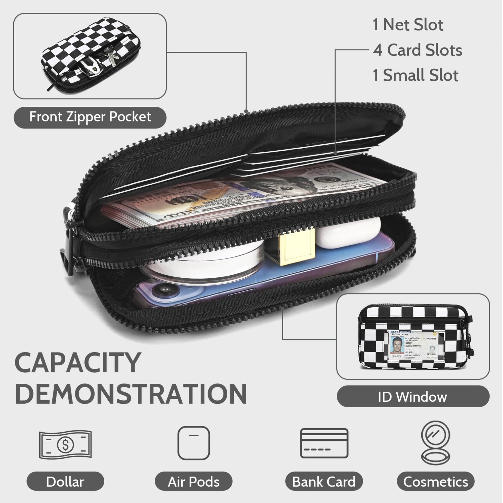 Ounamei Quilted Nylon Wristlet Crossbody Wallet for Women 4-Zipper Small Bag with RFID Protection & Adjustable Strap