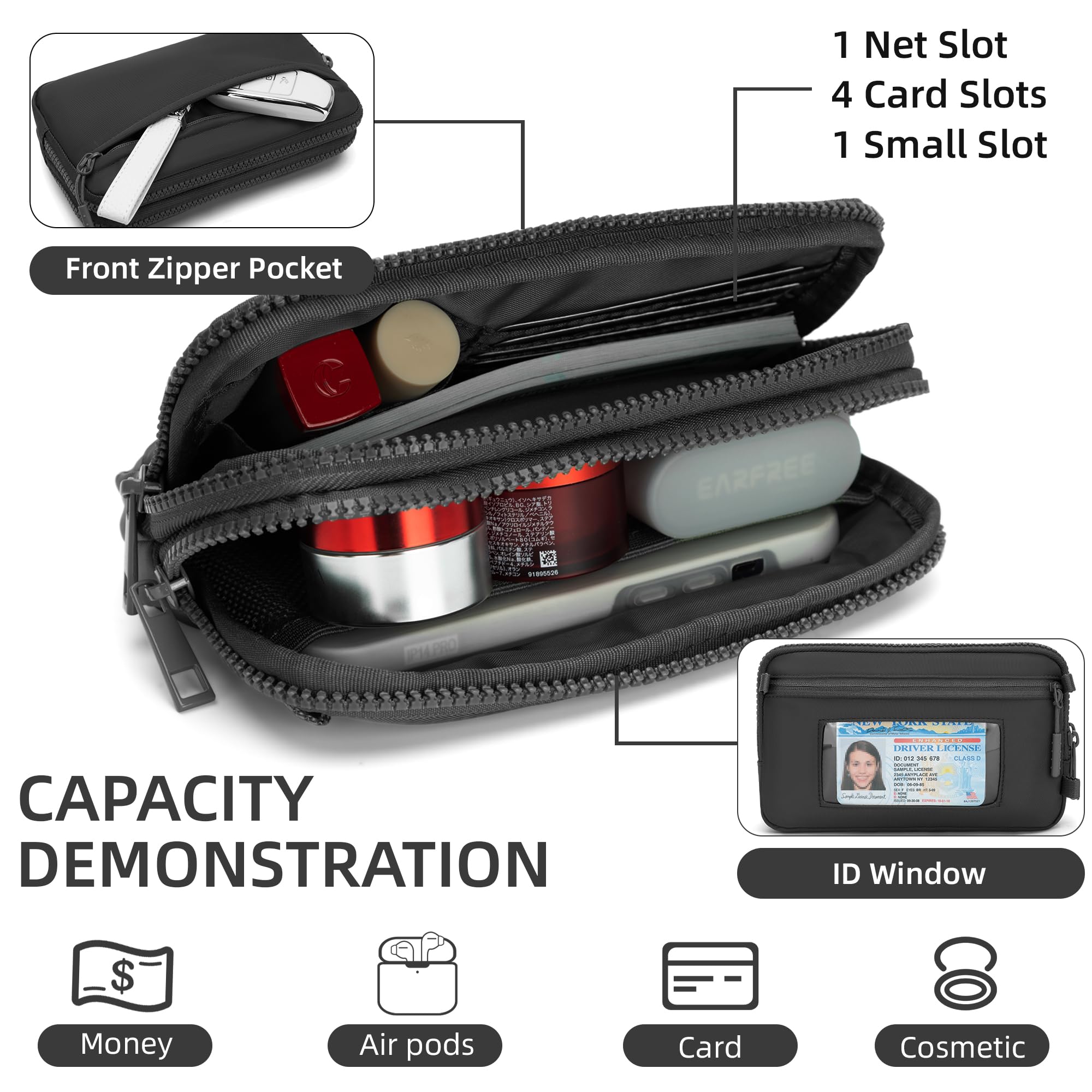 Ounamei Quilted Nylon Wristlet Crossbody Wallet for Women 4-Zipper Small Bag with RFID Protection & Adjustable Strap
