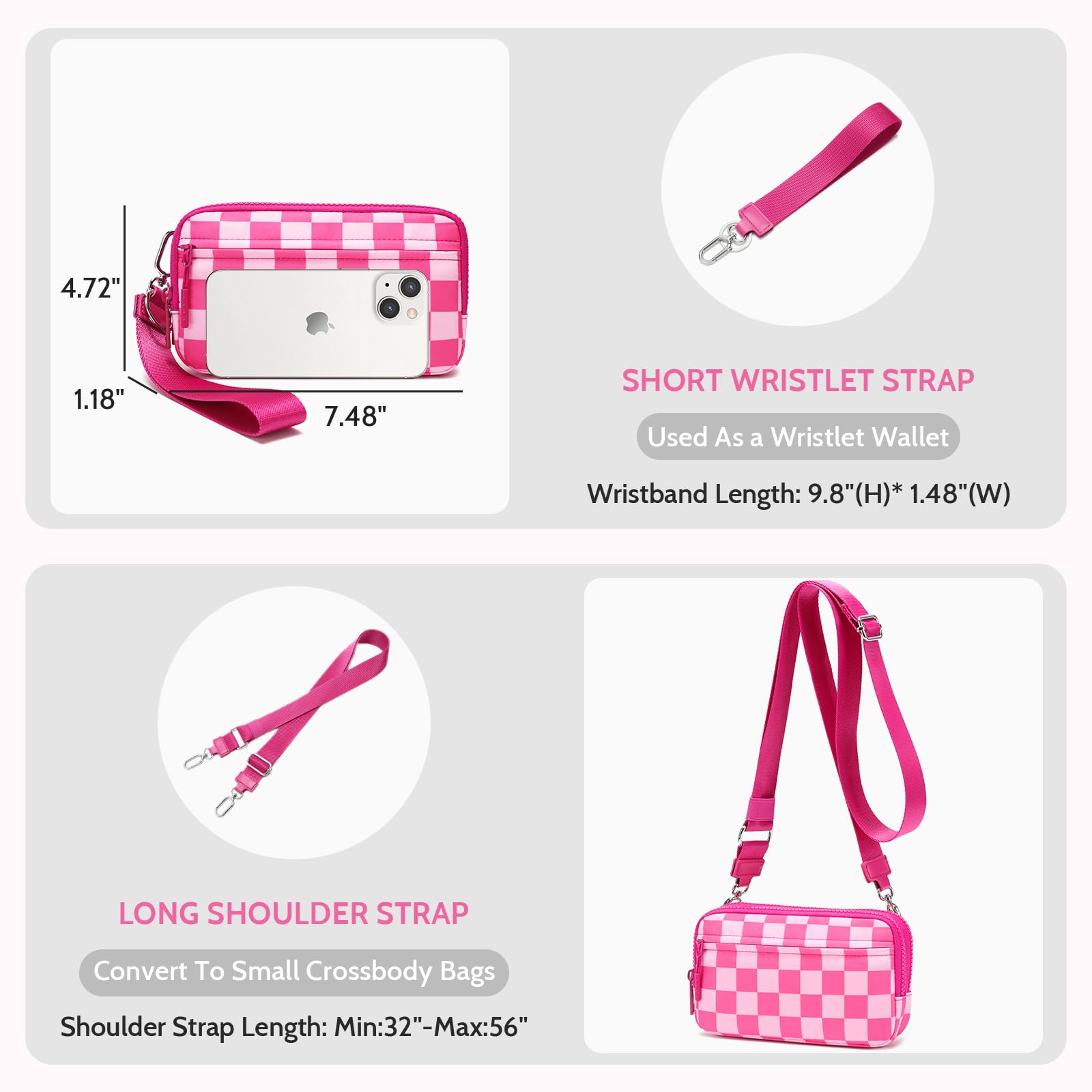 Ounamei Quilted Nylon Wristlet Crossbody Wallet for Women 4-Zipper Small Bag with RFID Protection & Adjustable Strap