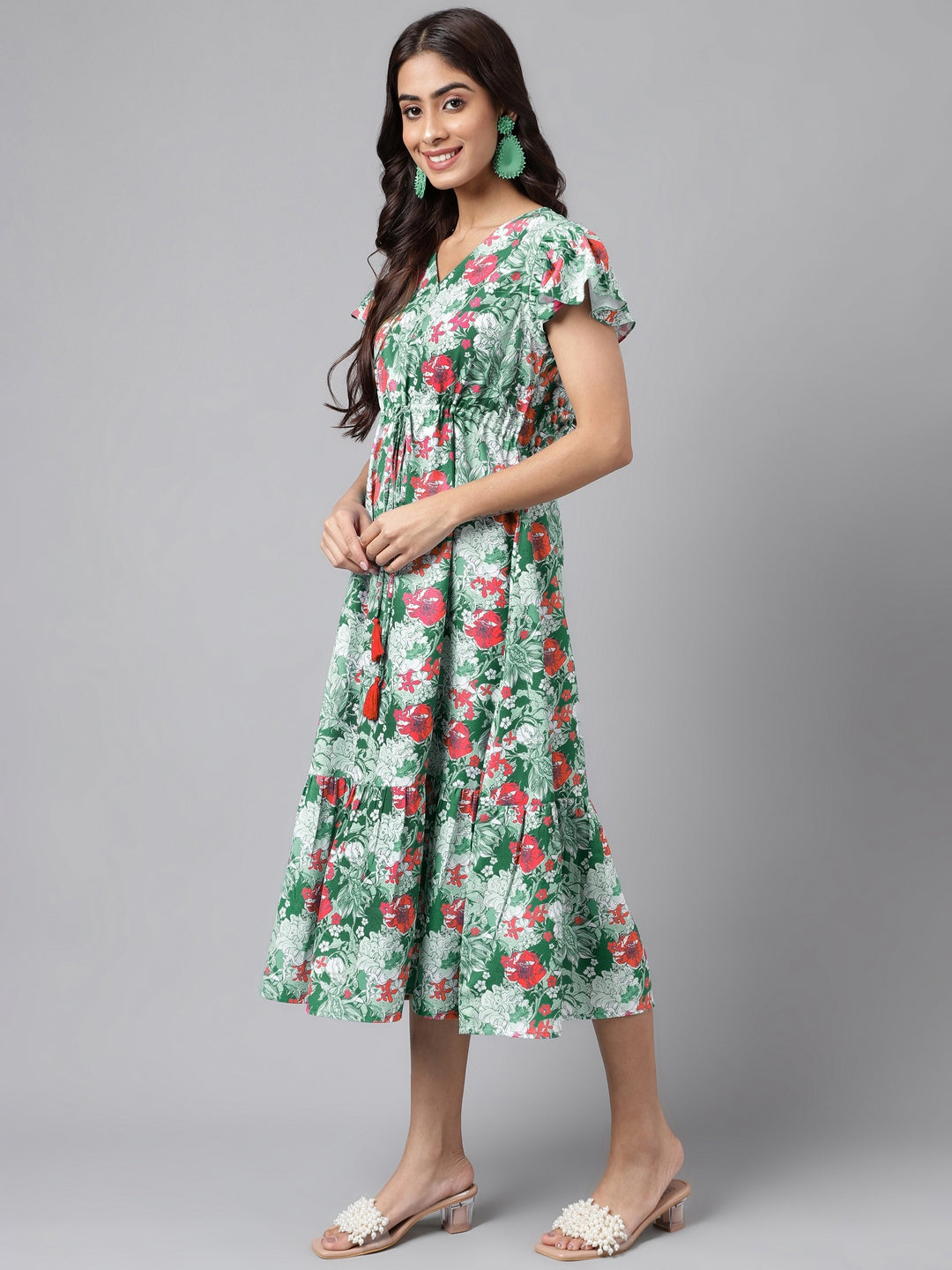 Green Moss Digital Floral Printed A-line Dress  - By Janasya