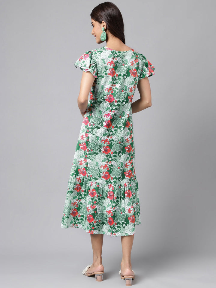 Green Moss Digital Floral Printed A-line Dress  - By Janasya