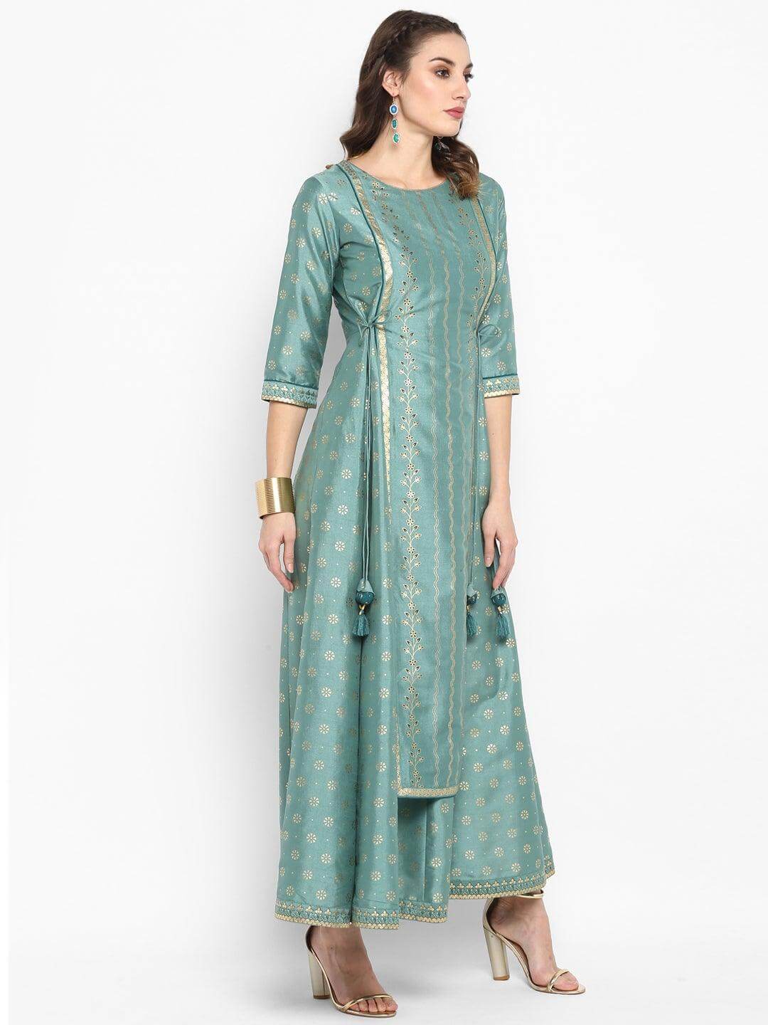 Green Rayon Crepe Foil Print Flared Ethnic Dress  - By Janasya