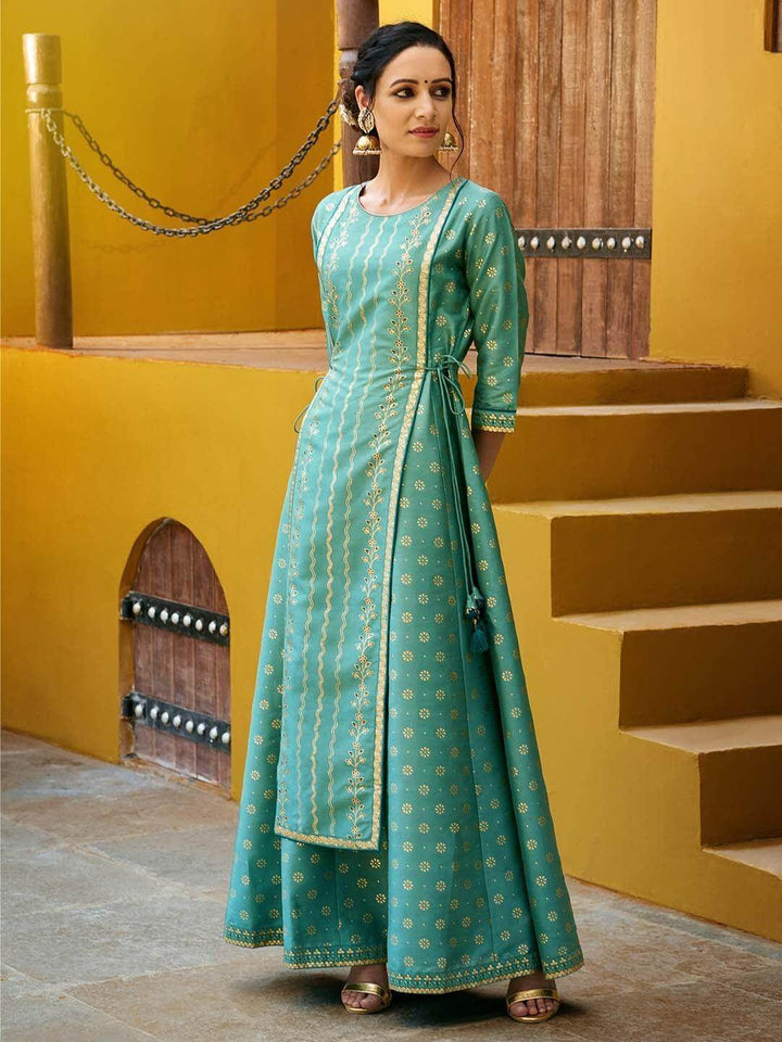 Green Rayon Crepe Foil Print Flared Ethnic Dress  - By Janasya