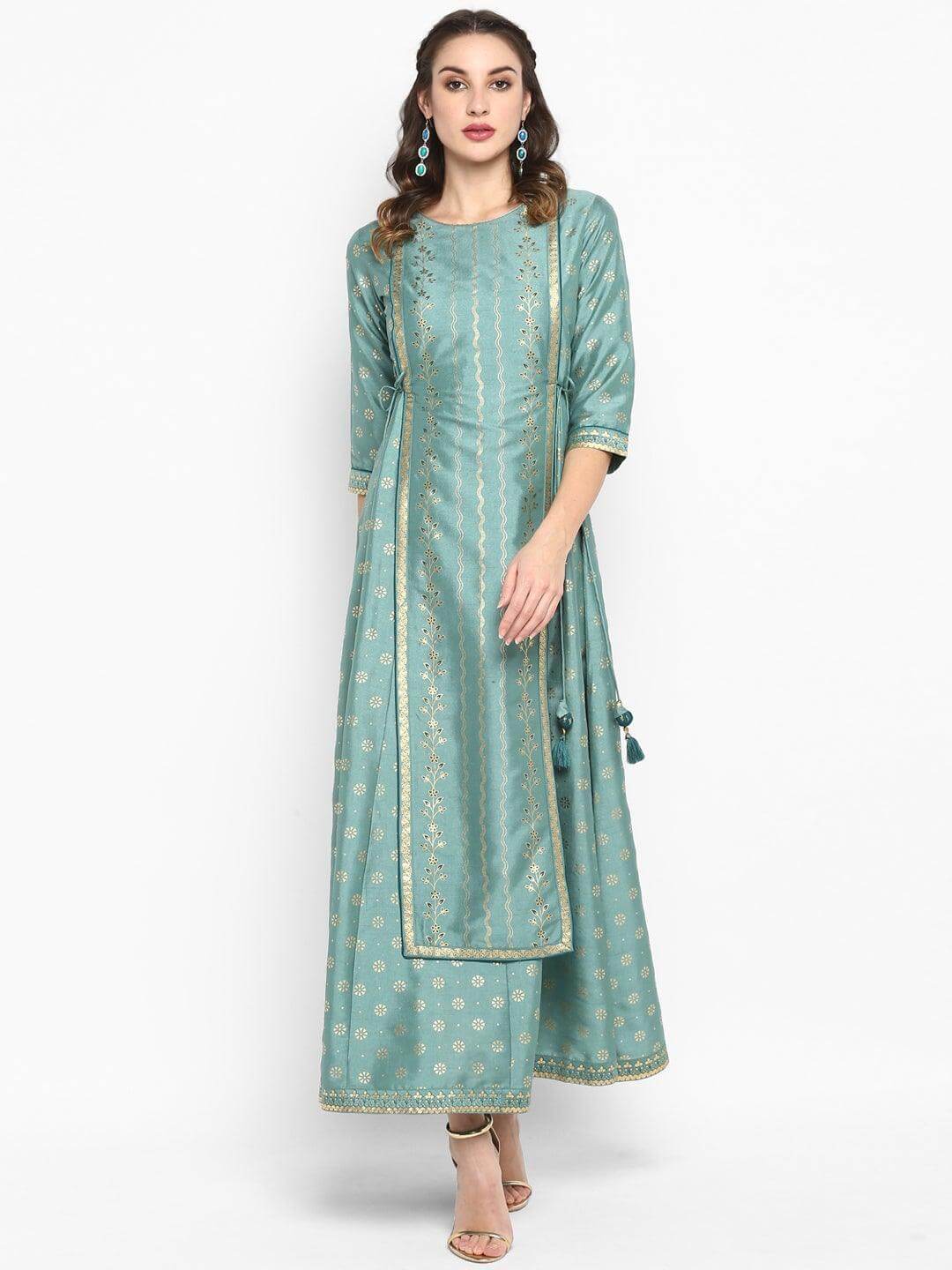 Green Rayon Crepe Foil Print Flared Ethnic Dress  - By Janasya