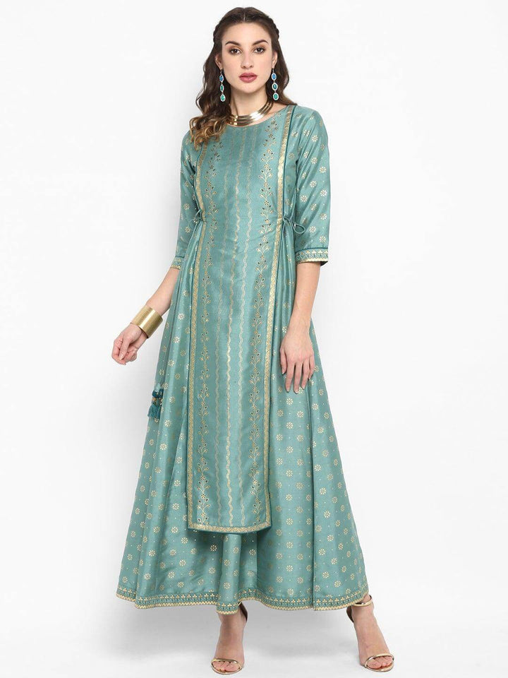 Green Rayon Crepe Foil Print Flared Ethnic Dress  - By Janasya