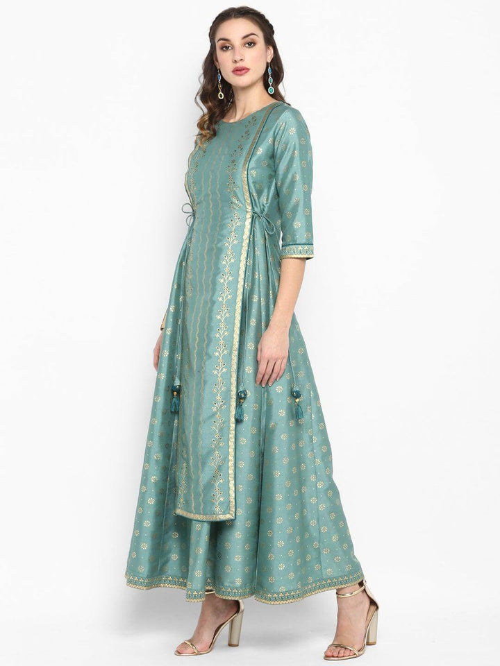 Green Rayon Crepe Foil Print Flared Ethnic Dress  - By Janasya