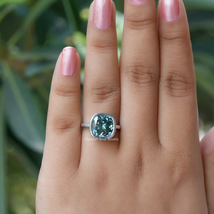 Green Cushion Cut Moissanite Solitaire Engagement Ring