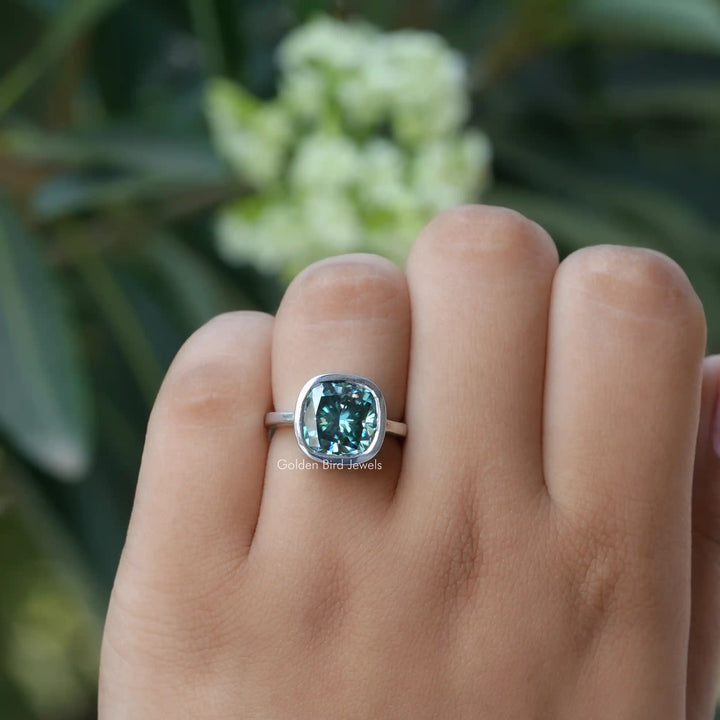 Green Cushion Cut Moissanite Solitaire Engagement Ring