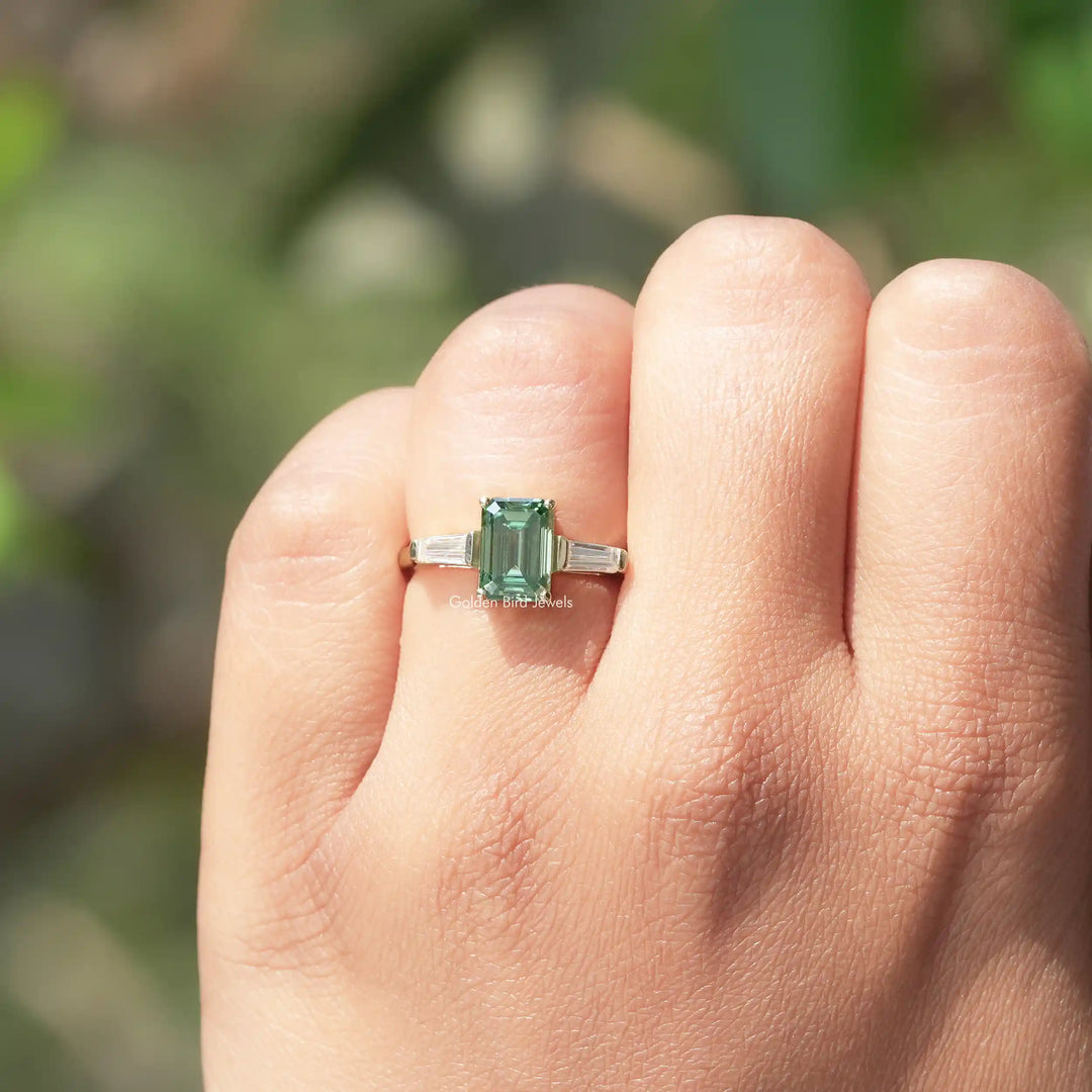 Green Emerald Cut Moissanite Engagement Ring