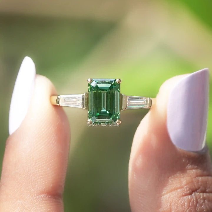 Green Emerald Cut Moissanite Engagement Ring