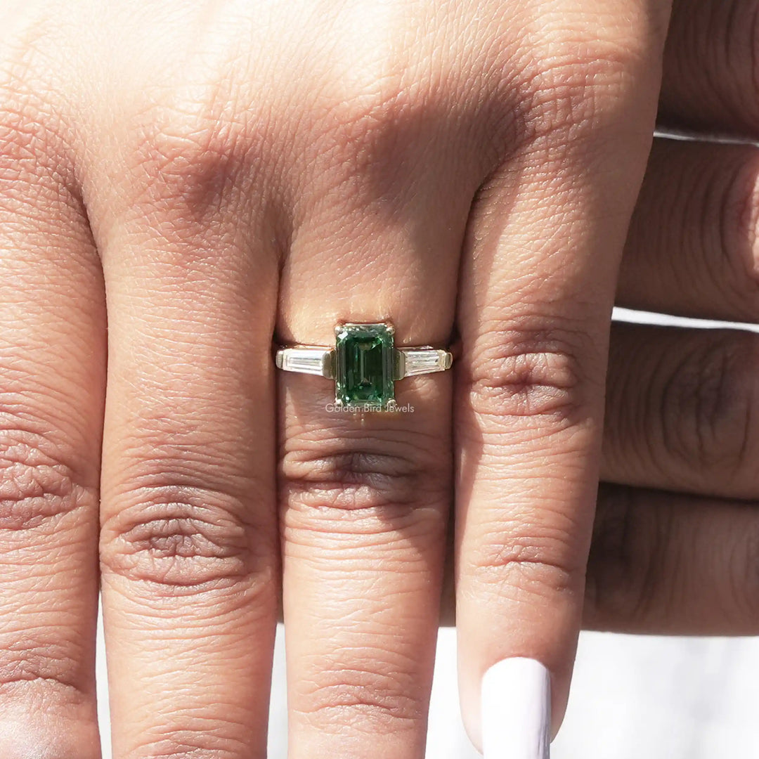 Green Emerald Cut Moissanite Engagement Ring