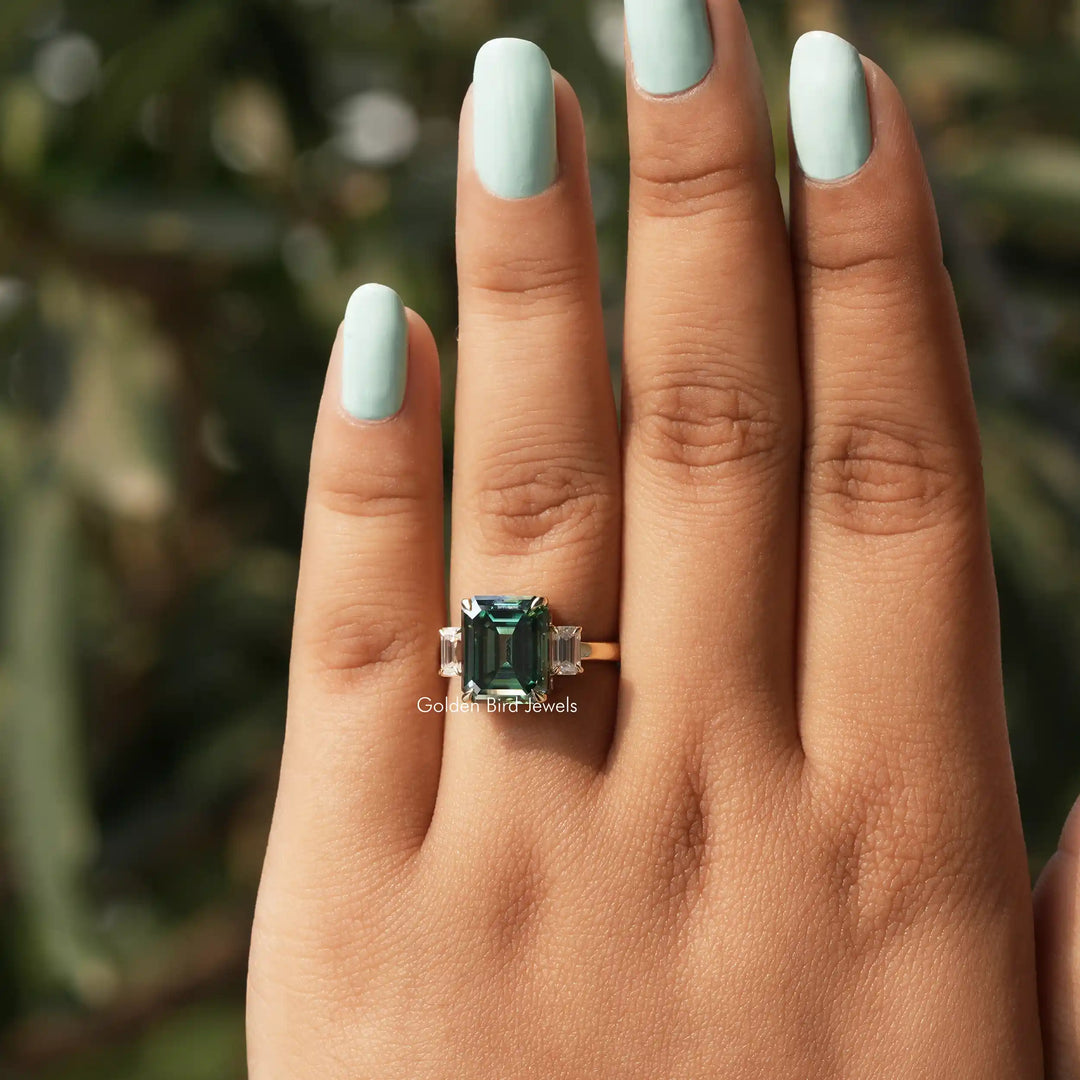 Green Emerald Moissanite Three Stone Engagement Ring