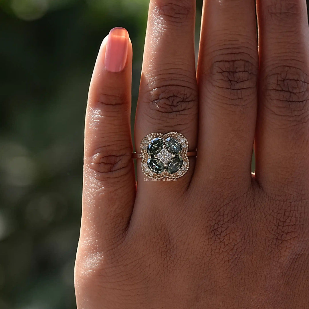 Green Oval Cut Halo Moissanite Engagement Ring