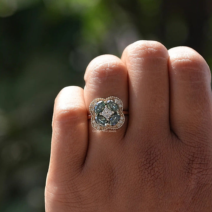 Green Oval Cut Halo Moissanite Engagement Ring