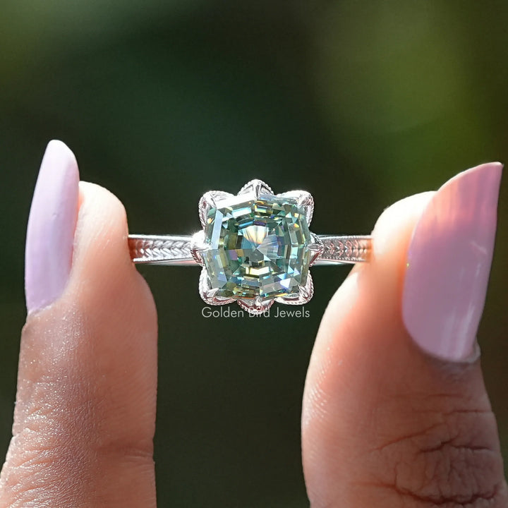 Green Step Cut Cushion Moissanite Engagement Ring