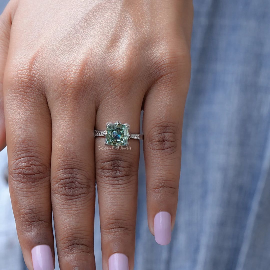 Green Step Cut Cushion Moissanite Engagement Ring