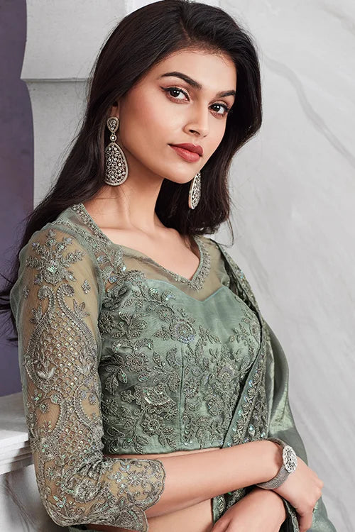  Beautiful women's cocktail party wear saree with stunning greenish grey blouse