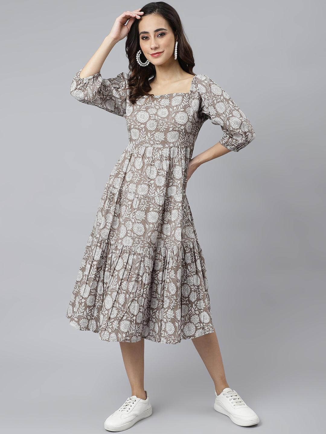 Grey Cotton Floral Print Flared Western Dress  - By Janasya