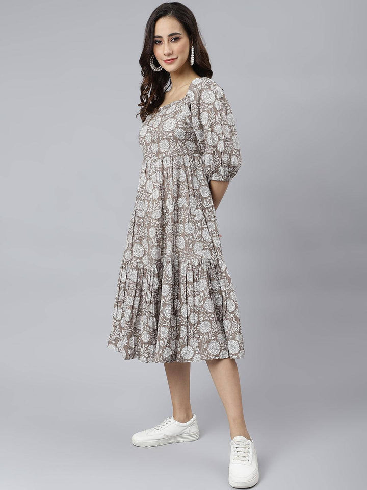 Grey Cotton Floral Print Flared Western Dress  - By Janasya