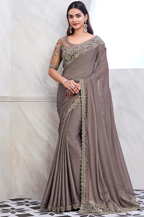 Online Collection Of Grey Saree With Fancy Blouse Piece