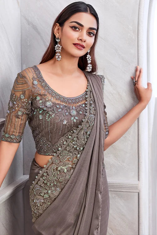  Elegant online collection of grey saree with stunning fancy blouse piece