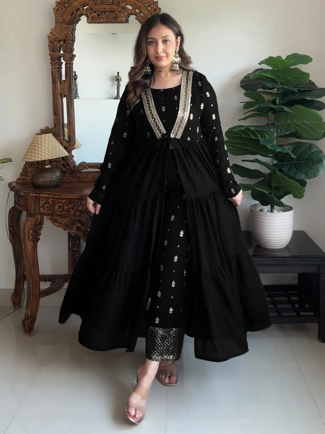 Janasya Women's Black Georgette Embellished Foil Printed Front-open Tiered Kurta Pant Set