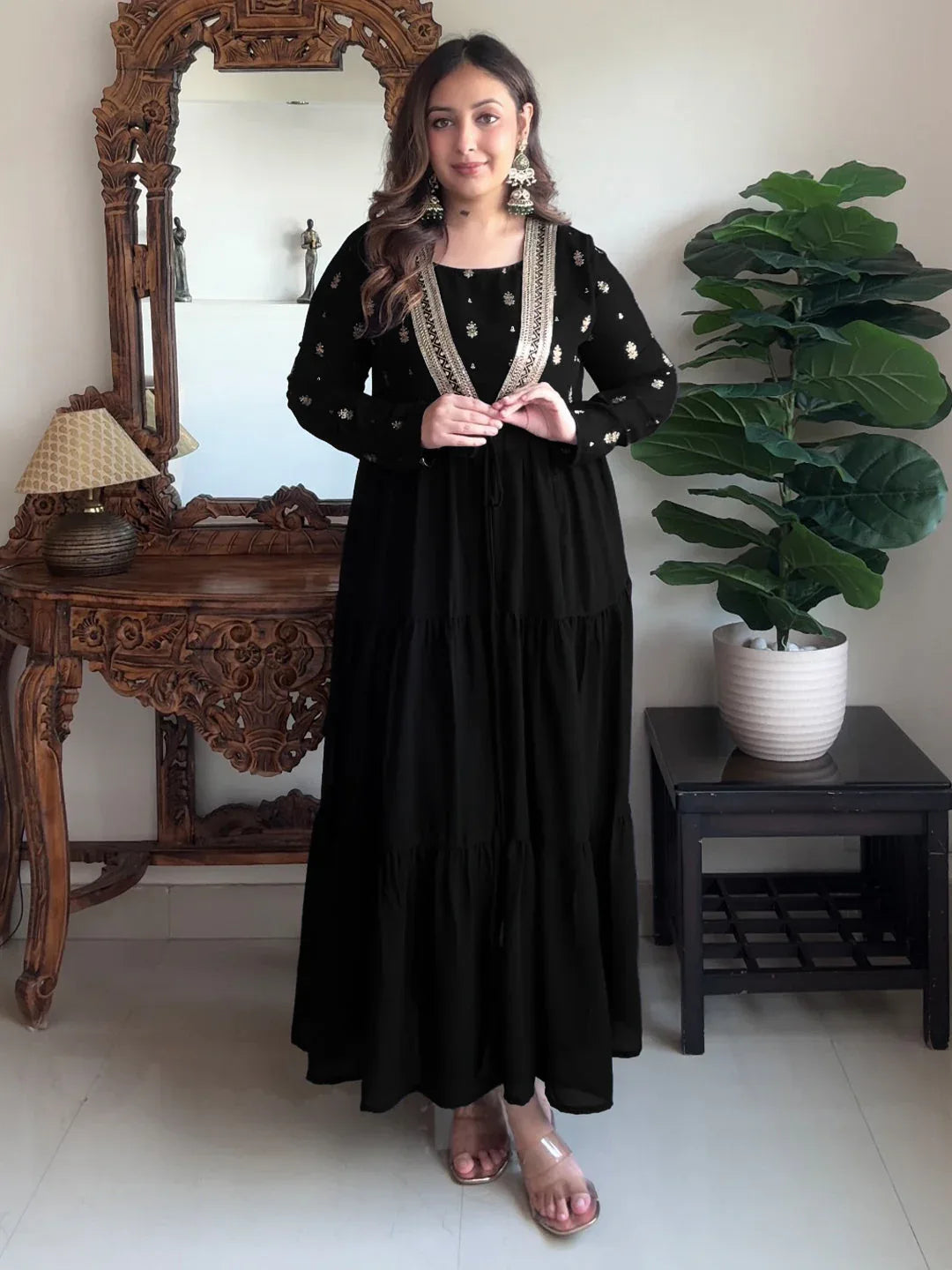 Janasya Women's Black Georgette Embellished Foil Printed Front-open Tiered Kurta Pant Set