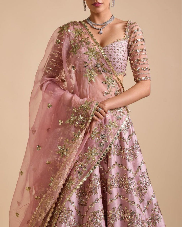 Pink Premium Chinon Silk Embellished With Beautiful Multi Thread And Heavy Sequins Work With Heavy Cancan  Fabric Details Lehenga - INSPIRED