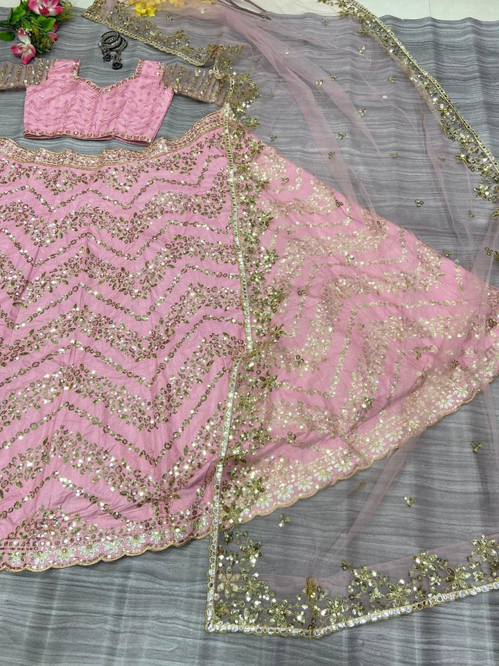 Pink Premium Chinon Silk Embellished With Beautiful Multi Thread And Heavy Sequins Work With Heavy Cancan  Fabric Details Lehenga - INSPIRED