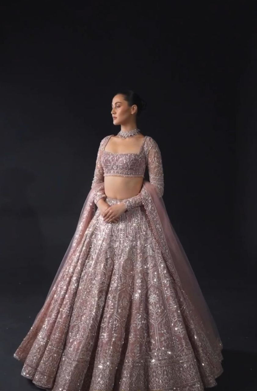 Beautiful pink premium net embellished with intricate thread embroidery and heavy sequins work, inspired by traditional designs, featuring heavy cancan and canvas for added volume and structure