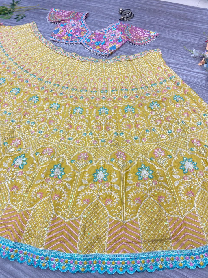 Yellow Premium Kasturi Silk Embellished With Heavy Multi Thread Embroidery Lehenga