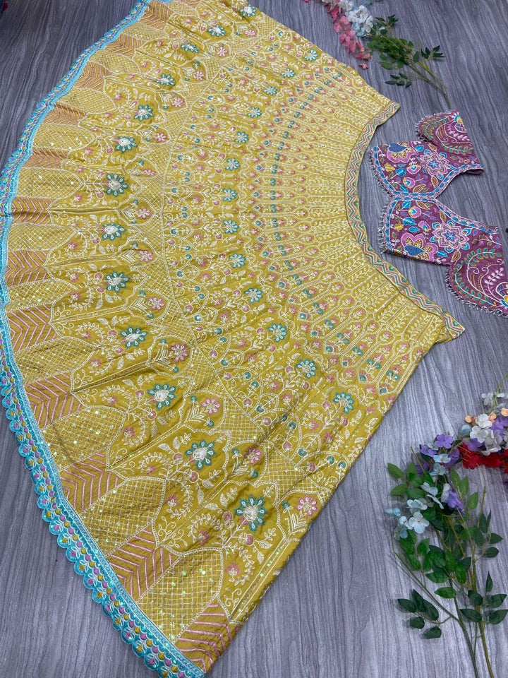 Yellow Premium Kasturi Silk Embellished With Heavy Multi Thread Embroidery Lehenga