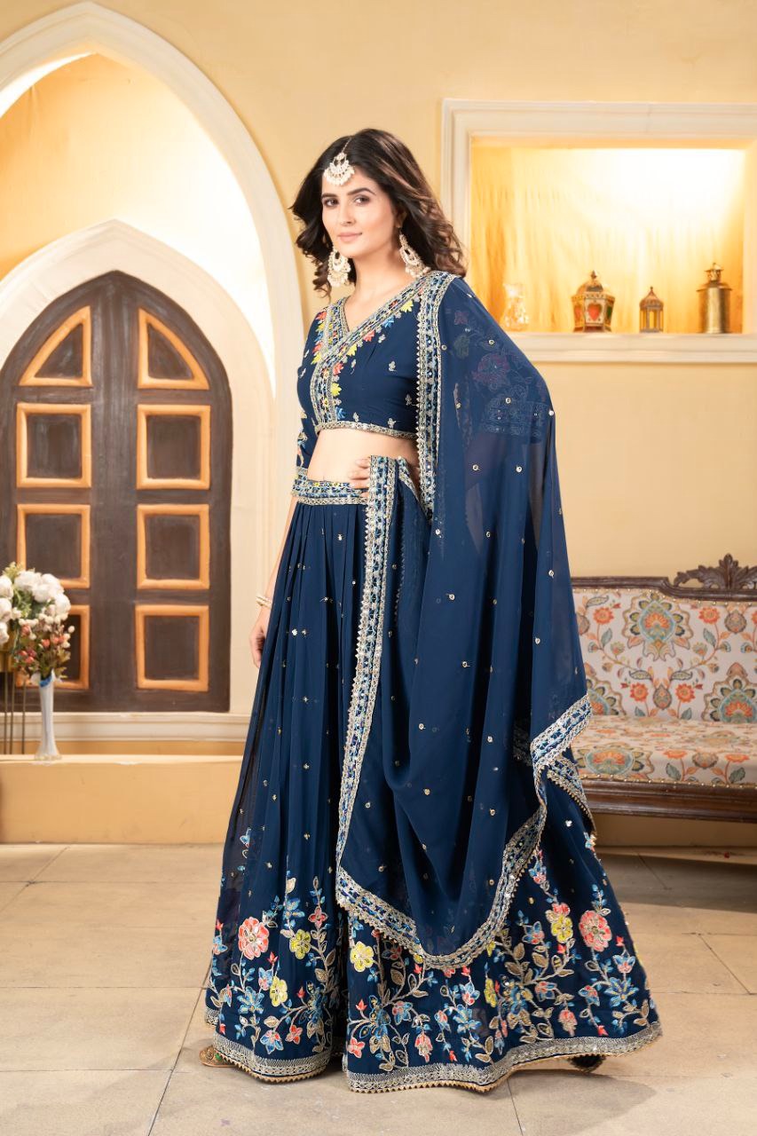 Dark Blue Premium Faux Georgette Embellished With Beautiful Multi Colour Thread Embroidery