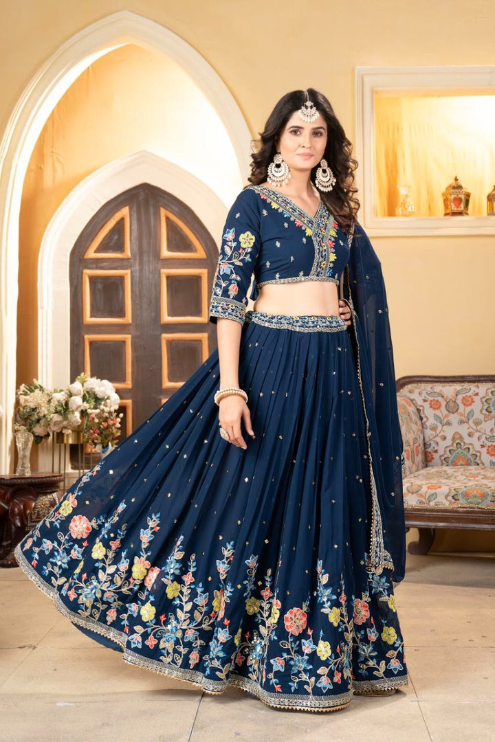 Dark Blue Premium Faux Georgette Embellished With Beautiful Multi Colour Thread Embroidery