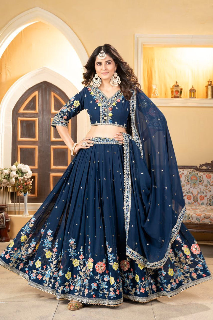 Dark Blue Premium Faux Georgette Embellished With Beautiful Multi Colour Thread Embroidery