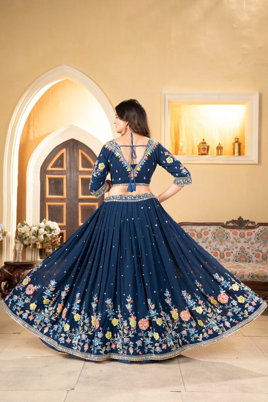 Dark Blue Premium Faux Georgette Embellished With Beautiful Multi Colour Thread Embroidery